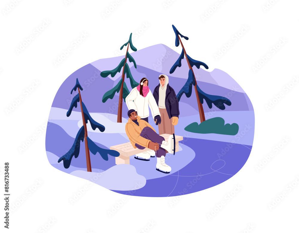 People skate on frozen pond in winter. Happy teenagers, friends have fun during walk in snowy park. Young skaters enjoy on outdoor ice rink. Flat isolated vector illustration on white background