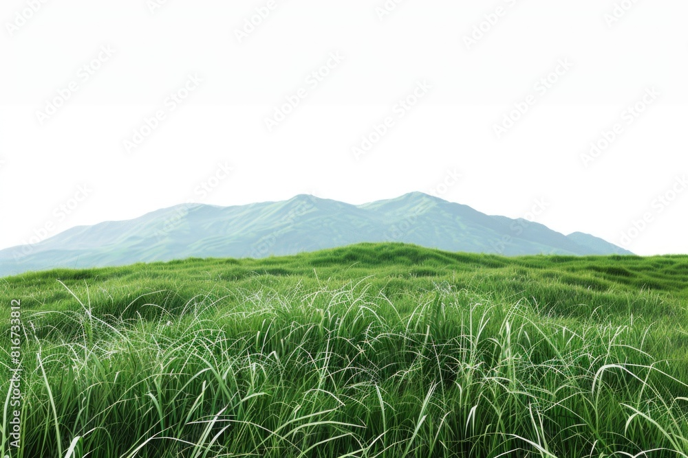 Scenic view of grass field with majestic mountain in background. Ideal for nature and landscape concepts