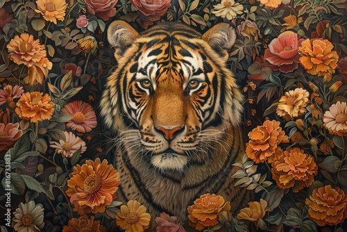 Tiger amid marigolds  traditional Madhubani Bharni style  majestic grace  vibrant floral backdrop  detailed