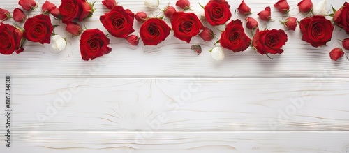 Fototapeta Naklejka Na Ścianę i Meble -  A copy space image with roses and red hearts arranged on a white wooden background