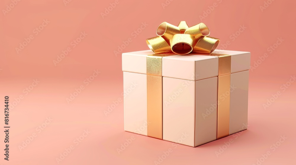 Gift box with golden ribbon in 3D rendered. Isolated cream beige package with glossy bow on background. Present for birthdays, holidays, or weddings. Gift box with golden ribbon in 3D rendered. Isolated cream beige package with glossy bow on background. Present for birthdays, holidays, or weddings.