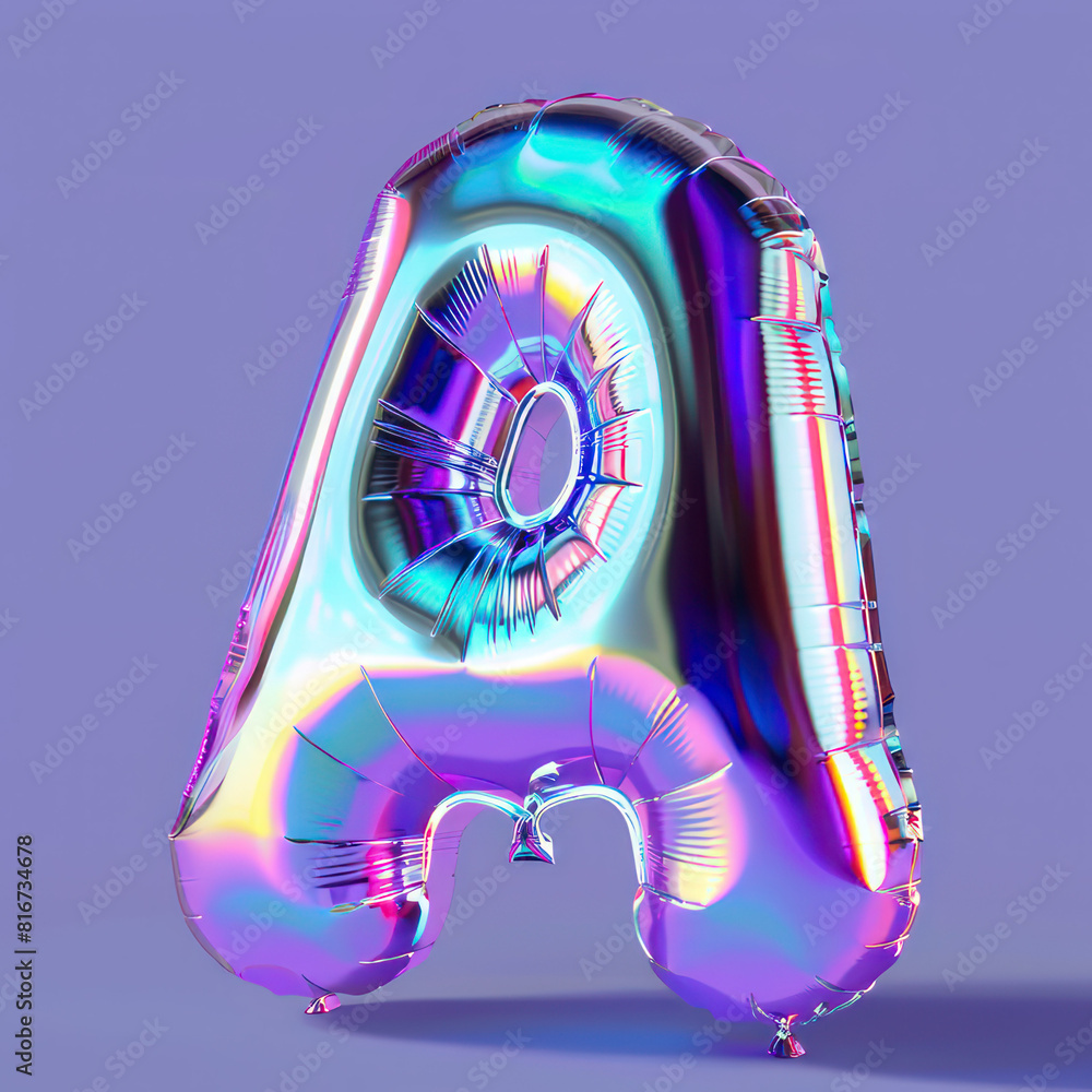 Fototapeta premium Holographic iridescent 3D letter A in Y2K retro futuristic style. Metallic glossy balloon bubble shape with glossy reflective effect. Volumetr ic three-dimensional render, isolated vector illustratio