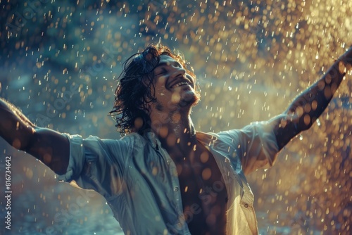 A man standing in the rain with his arms outstretched, embracing the falling water with a sense of liberation and connection to nature