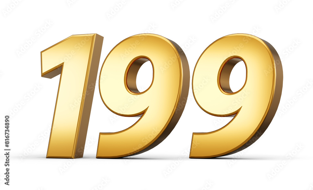 3d number 199 one hundred ninety nine Gold text isolated on white background with reflection 3d illustration 3d number 199 one hundred ninety nine Gold text isolated on white background with reflection 3d illustration