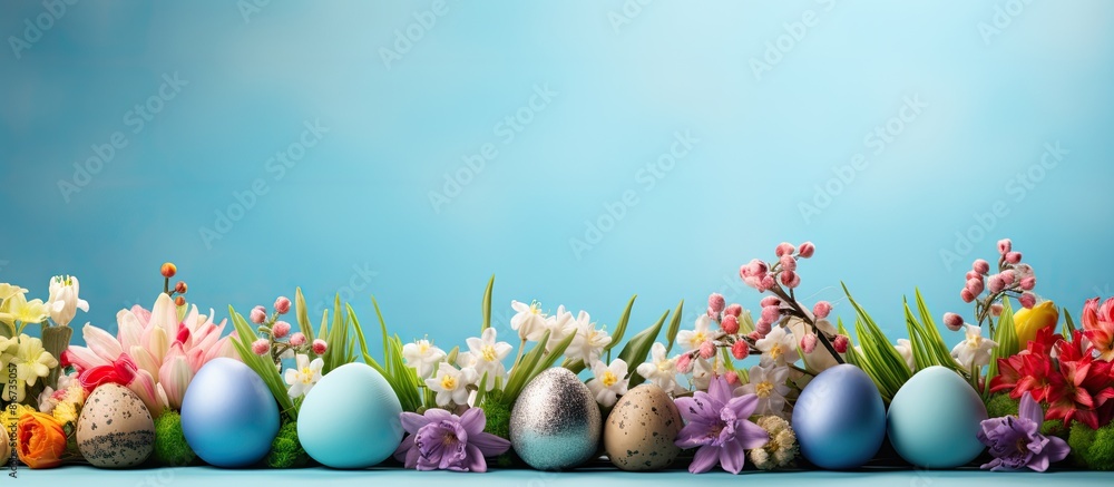 The image showcases a vibrant Easter concept with a blue background adorned with multicolored eggs and spring hyacinths. with copy space image. Place for adding text or design