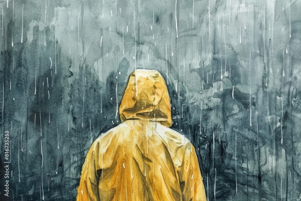 A realistic painting of a person wearing a yellow raincoat. Suitable for various art projects A realistic painting of a person wearing a yellow raincoat. Suitable for various art projects