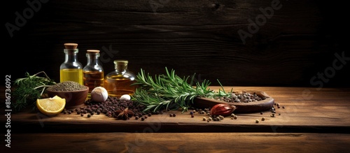A rustic wooden board with cooking spices including rosemary drizzled with olive oil providing ample copy space for text or images