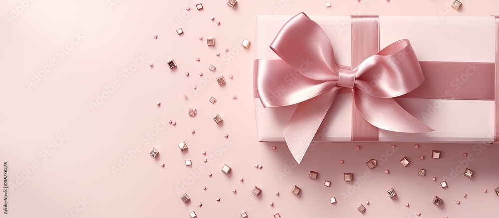 A top down view of a holiday gift with a bow against a pink and white background allowing room for additional imagery
