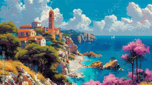 Corsican landscape's brightly poster vector illustration photo
