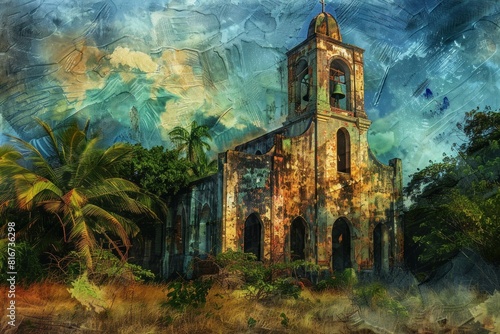 Digital artwork of a dilapidated church with a bell tower, surrounded by lush palm trees