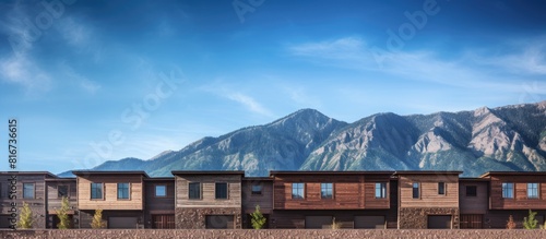 A square townhome with a charming wood and brick exterior wall stands against a picturesque mountain backdrop with a clear blue sky The image showcases ample copy space