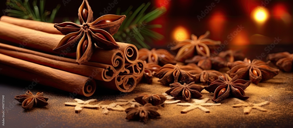 A typical Christmas image showcasing cinnamon star cookies and cinnamon sticks on a background with ample copy space A typical Christmas image showcasing cinnamon star cookies and cinnamon sticks on a background with ample copy space