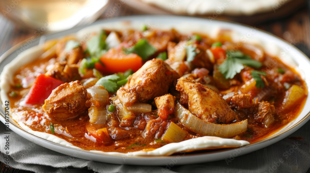 Authentic african chicken stew served on a white plate, featuring tender meat, tomatoes, onions, and garnished with fresh parsley Authentic african chicken stew served on a white plate, featuring tender meat, tomatoes, onions, and garnished with fresh parsley