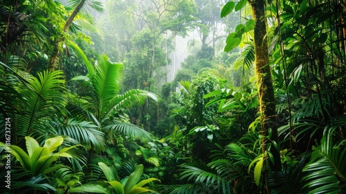lush tropical rainforest, with dense canopy covering the landscape © Nandar