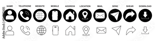 Basic contacts icon 2024. Electronic mail, call, location, mobile, globe, edit, home, fax & user profile. round vector icons.