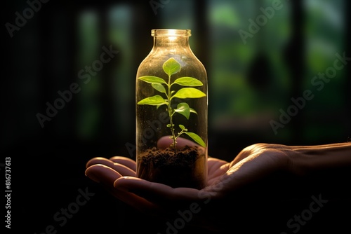 A hand holding a plant in a glass bottle photo