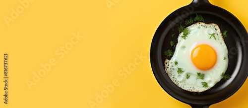 A sunny side up egg with spring onion garnish is shown from a top view on a skillet against a yellow background The image contains copy space