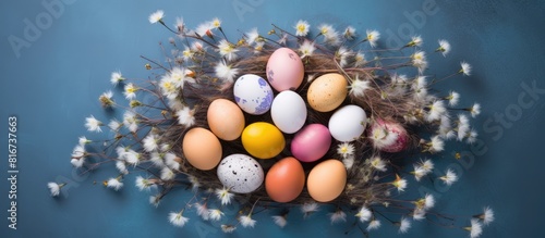 Top view of a colorful Easter egg composition featuring natural dyed eggs and gypsophila on a colored table providing ample copy space in the background