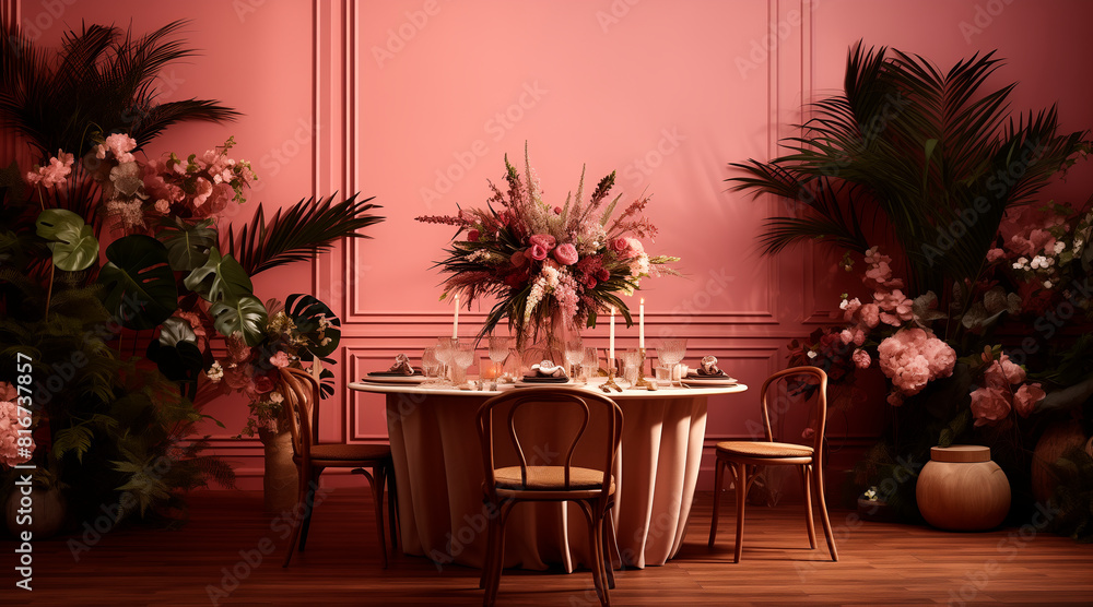 Elegant, but simple small wood table banquet in a boho plant room with pink walls and a wood floor Elegant, but simple small wood table banquet in a boho plant room with pink walls and a wood floor