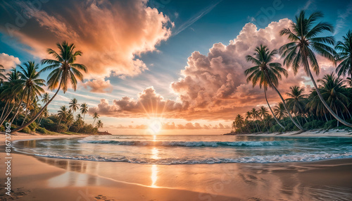 A tropical beach landscape at sunset. Palm trees on a sandy tropical beach under dramatic clouds. Tropical paradise wallpaper.