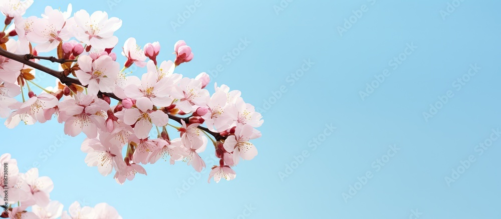 A serene and picturesque scene of cherry blossoms set against the backdrop of a clear blue sky providing ample copy space for images A serene and picturesque scene of cherry blossoms set against the backdrop of a clear blue sky providing ample copy space for images