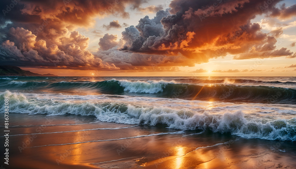 A picturesque beach scene with waves breaking on the shore at sunset against a backdrop of vibrant, dramatic clouds. A picturesque beach scene with waves breaking on the shore at sunset against a backdrop of vibrant, dramatic clouds.