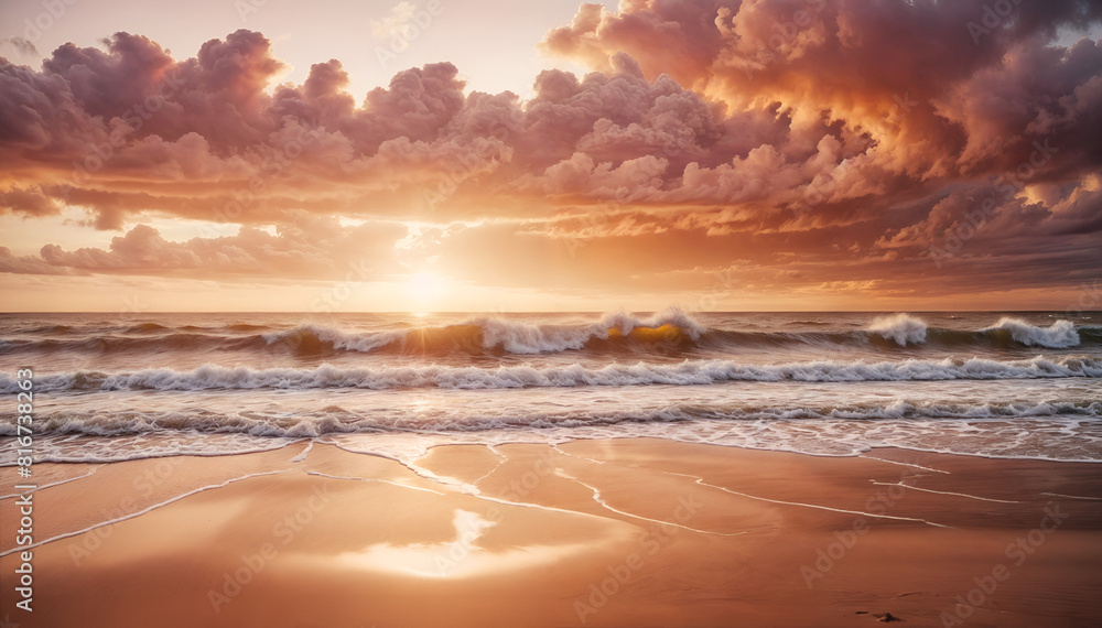 Fototapeta premium A picturesque beach scene with waves breaking on the shore at sunset against a backdrop of vibrant, dramatic clouds. 