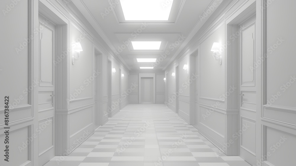 A long hall interior in a hospital, office, or house. Modern realistic illustration of an empty corridor with white walls, doors, and ceiling lamps. A long hall interior in a hospital, office, or house. Modern realistic illustration of an empty corridor with white walls, doors, and ceiling lamps.