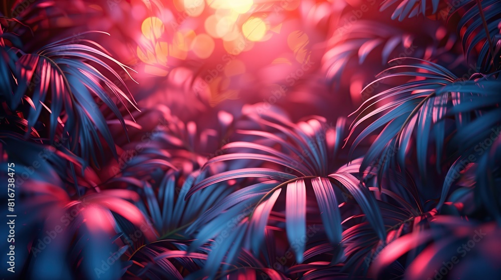 Pink and purple dark abstract background with neon tropical leaves and foliage - space for copy text. Pink and purple dark abstract background with neon tropical leaves and foliage - space for copy text.