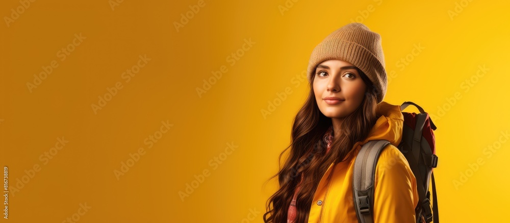 A young girl tourist wearing autumn clothes and carrying a camera and backpack stands against a yellow isolated background conveying a travel concept. with copy space image A young girl tourist wearing autumn clothes and carrying a camera and backpack stands against a yellow isolated background conveying a travel concept. with copy space image