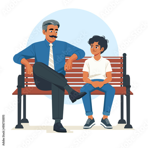 Indian Father and Son sitting on a bench on Father's Day