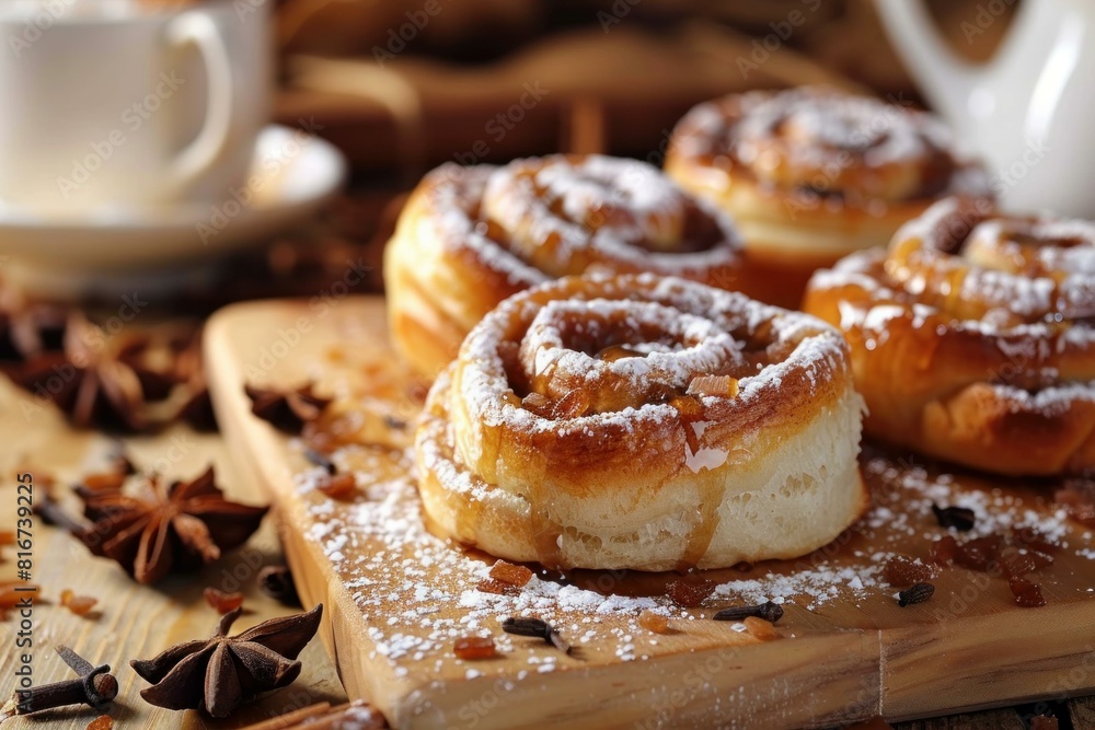 Warm cinnamon rolls sprinkled with powdered sugar on a wooden board with spices around