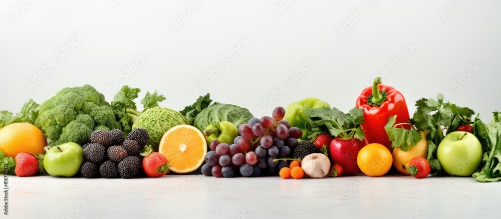 A vibrant mix of fruits and vegetables with a refreshing green color showcased against a clean white backdrop in this copy space image A vibrant mix of fruits and vegetables with a refreshing green color showcased against a clean white backdrop in this copy space image