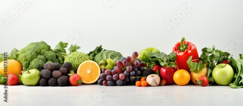 A vibrant mix of fruits and vegetables with a refreshing green color showcased against a clean white backdrop in this copy space image