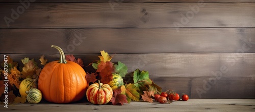 A stunning autumn composition featuring a pumpkin on a rustic wooden table providing ample copy space image
