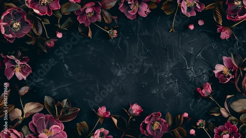 Pink Flowers Frame on Black Background