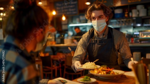 Waiter Serving Food with Mask