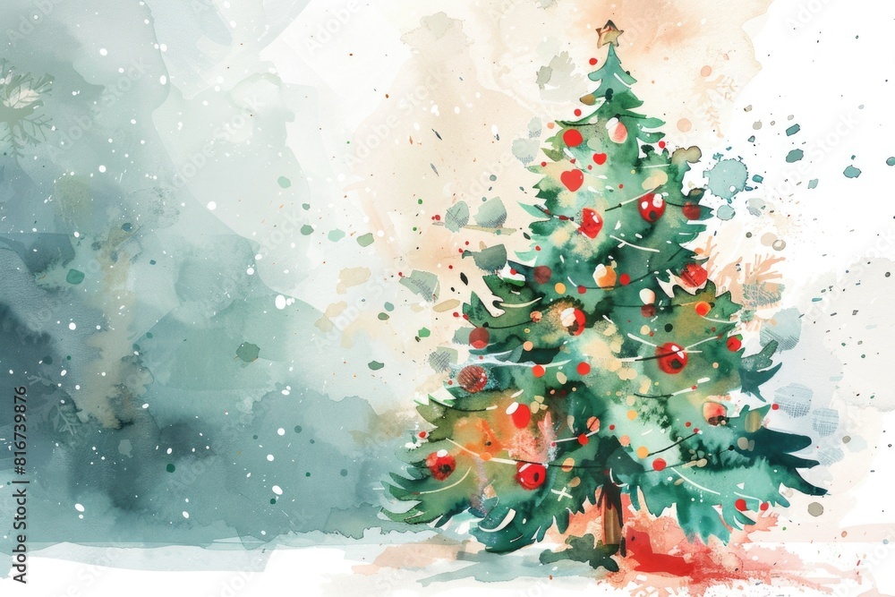 A serene watercolor painting of a Christmas tree in the snow. Perfect for holiday designs