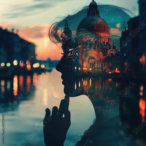 Woman with a mysterious smile holding a masquerade mask, focus on enigmatic allure, dark and moody colors, Double exposure silhouette with a Venetian canal