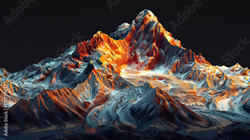 Technical visual illustration, mountain 3D LiDAR GIS aerial map K2 and Karakoram mountains scan isolated against dark black background. Mountainous, snowy, valley. Mapping, elevation