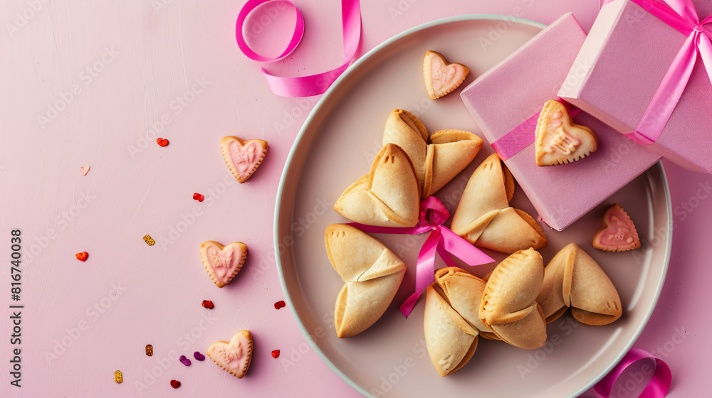 Composition with plate of tasty fortune cookies 