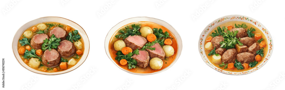 Set of watercolor illustrations of traditional Arabic meat dish for Eid al-Adha isolated on a transparent background. Lamb or beef soup with vegetables. Halal meat food for Ramadan, Kareem, Eid. Set of watercolor illustrations of traditional Arabic meat dish for Eid al-Adha isolated on a transparent background. Lamb or beef soup with vegetables. Halal meat food for Ramadan, Kareem, Eid.
