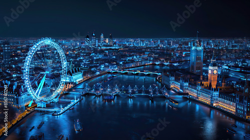 Technical visual  3D LiDAR GIS aerial map scan isolated against black background  showing London city centre  UK  London Eye  Big Ben and Westminster. Elevation  topography  blue render