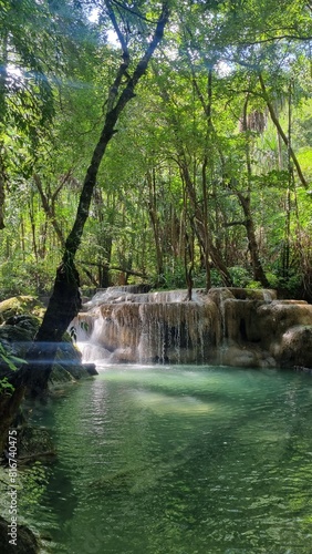 Scenic view of Erawan Falls in West Thailand in the Tenasserim Hills range of Kanchanaburi Province.
