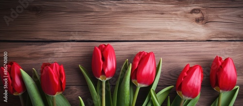 A copy space image of three red tulips arranged on rustic wooden boards against an abstract backdrop