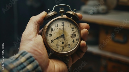 A person holding a clock in their hand, suitable for time management concepts photo