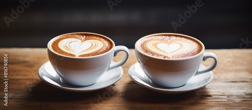 A side view of two beautifully decorated cups of cappuccino on a table showcasing perfect heart shaped latte art It s the perfect copy space image for capturing the concept of a coffee break where on