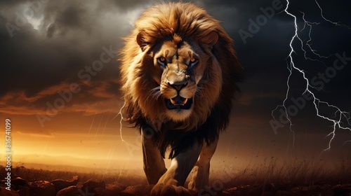 A lion is walking through a field with a storm in the background