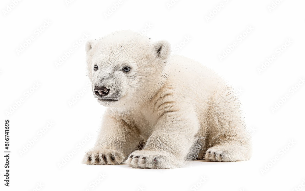 A polar bear cub lies comfortably against a white background, its innocence and vulnerability on full display. The cub's soft fur and relaxed posture create an image of peacefulness and playfulness. A polar bear cub lies comfortably against a white background, its innocence and vulnerability on full display. The cub's soft fur and relaxed posture create an image of peacefulness and playfulness.