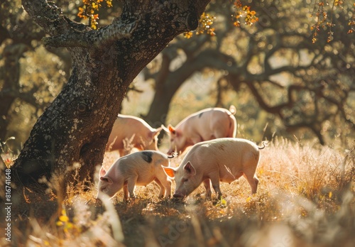 Golden Hour Serenity: Pigs Beneath Ancient Oak in Pastoral Idyll - Generative AI